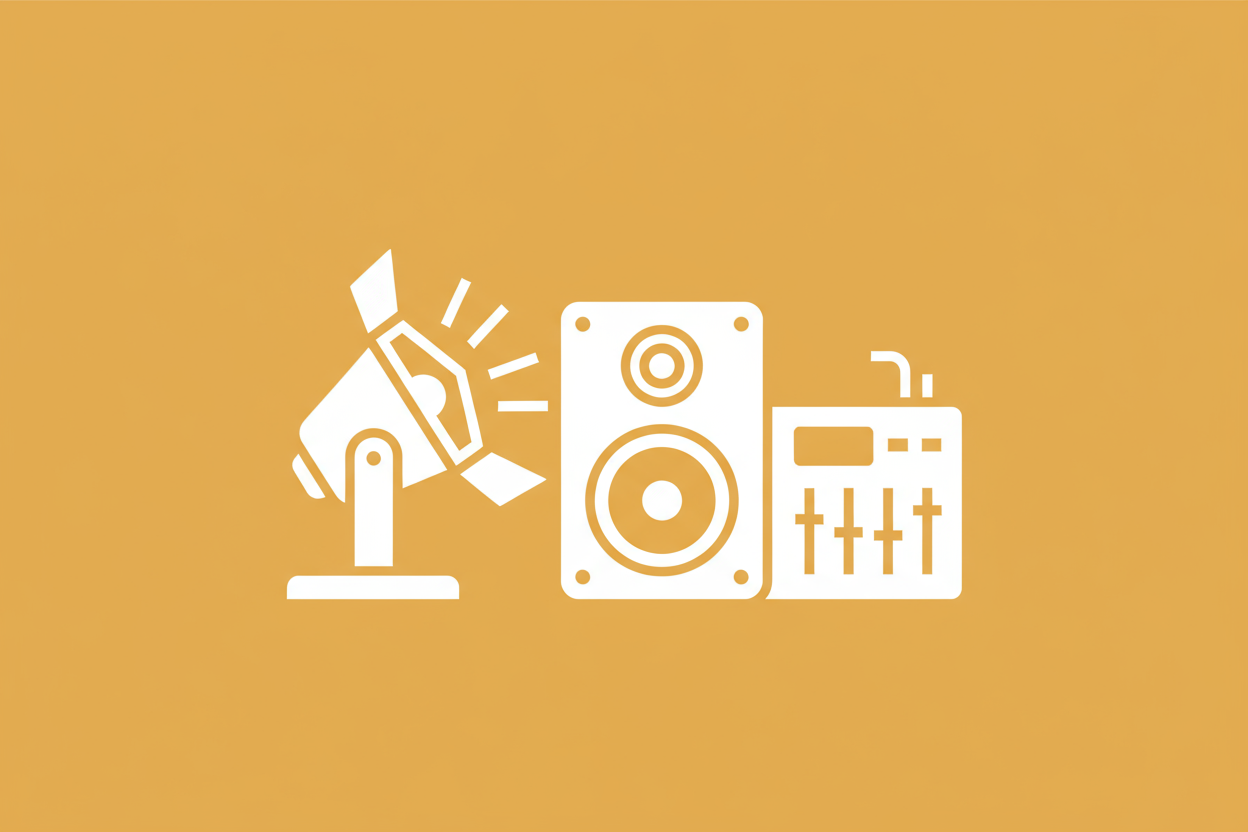 Veranstaltungstechnik wie Beleuchtung und Sounddtechnik, Icon, weiß auf hintergrund in RGB 237,175,25, ohne Text, einfach, modern, klar